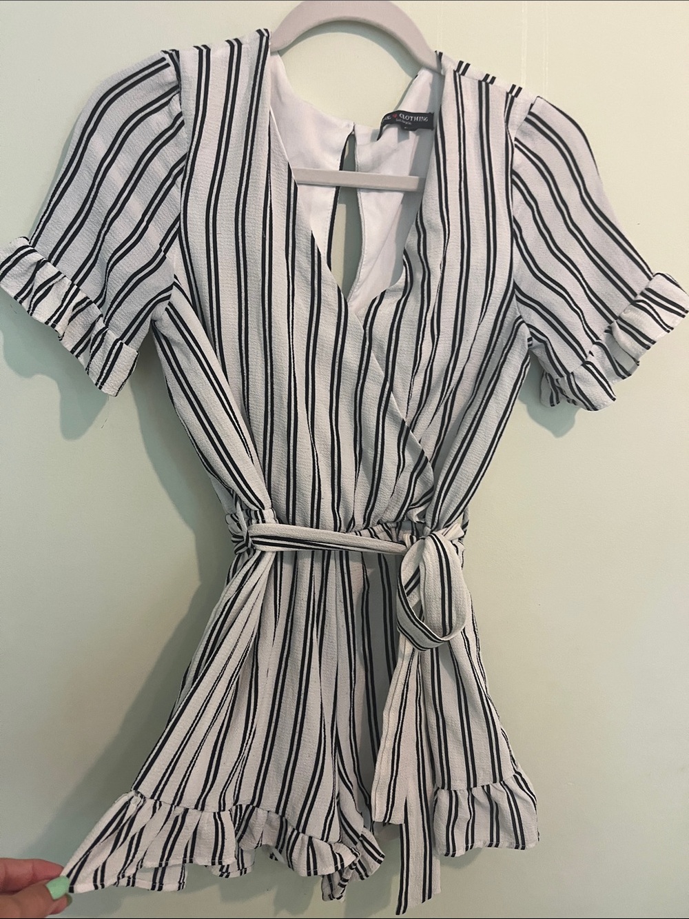 Black and White Striped Wrap Romper by One Clothing